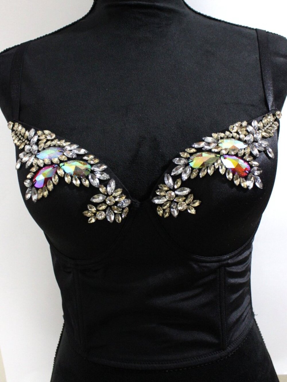 BeBe, Multicolor Jeweled Black Bralette, Size Large